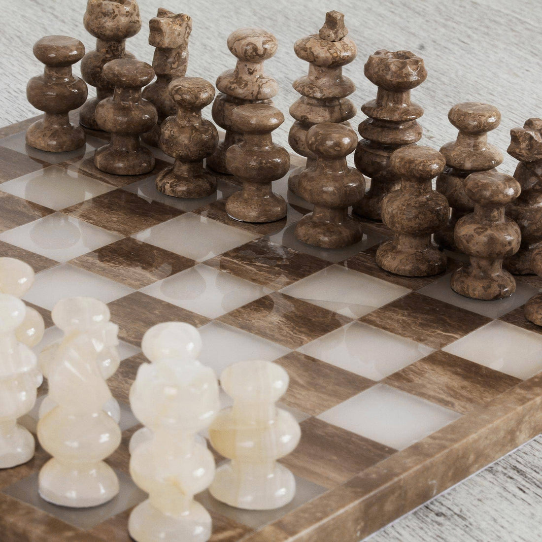 Brown and Ivory Onyx and marble chess set