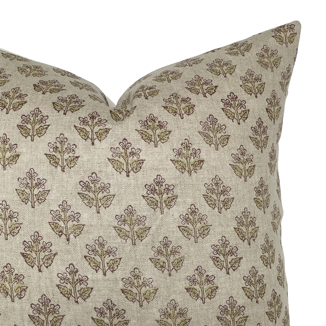 Olivia | Natural Floral Handblock Pillow Cover: 20x20