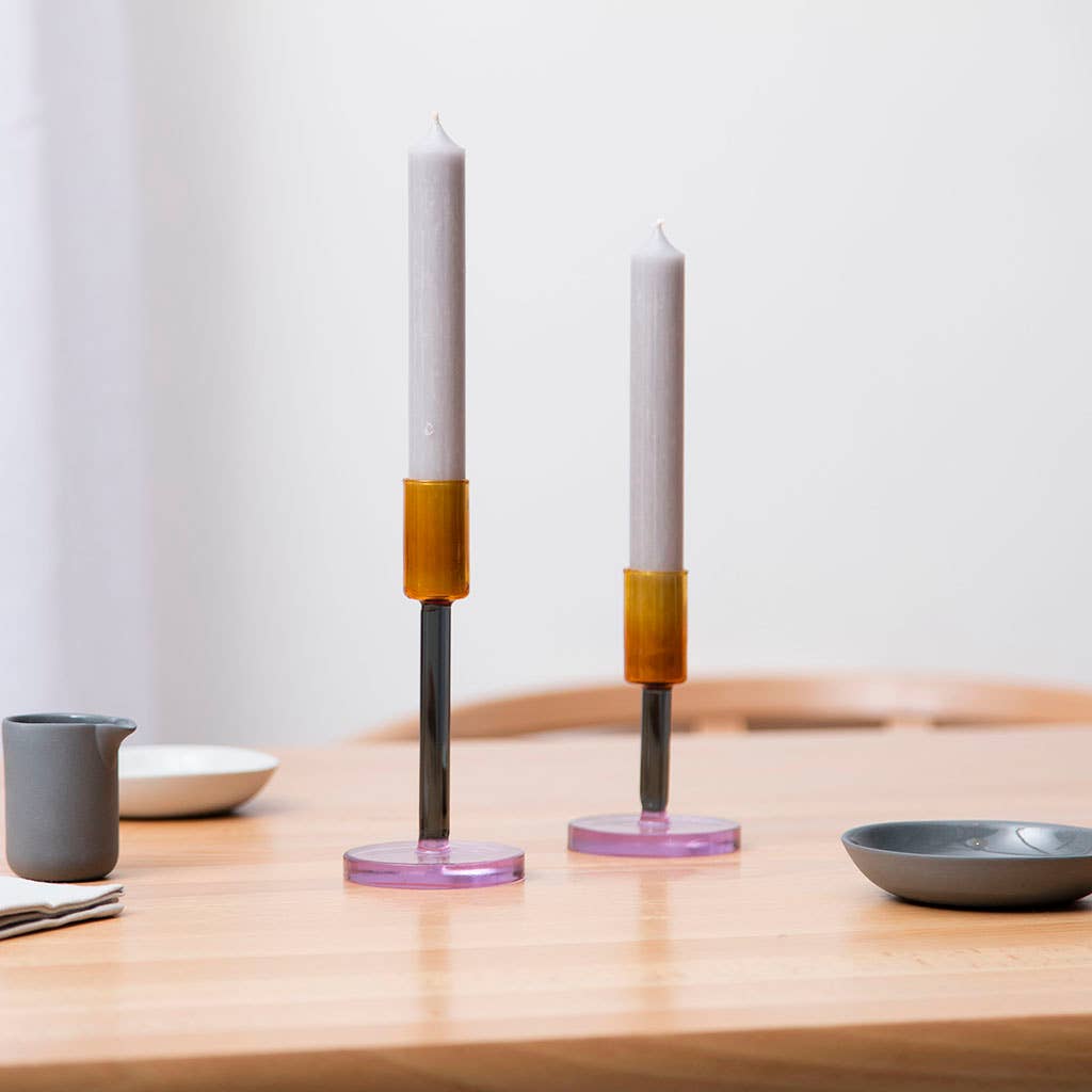 Glass Candlestick - Tall: Grey and Orange