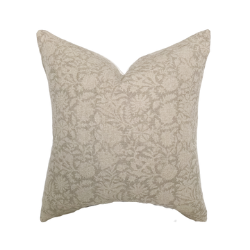 Serena | Soft Greige Floral Handblock Pillow Cover: 22x22